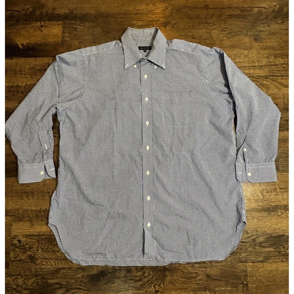 Robert Talbott Dress Shirt Men 17 Blue Checkered Single Chest Pocket Button Down